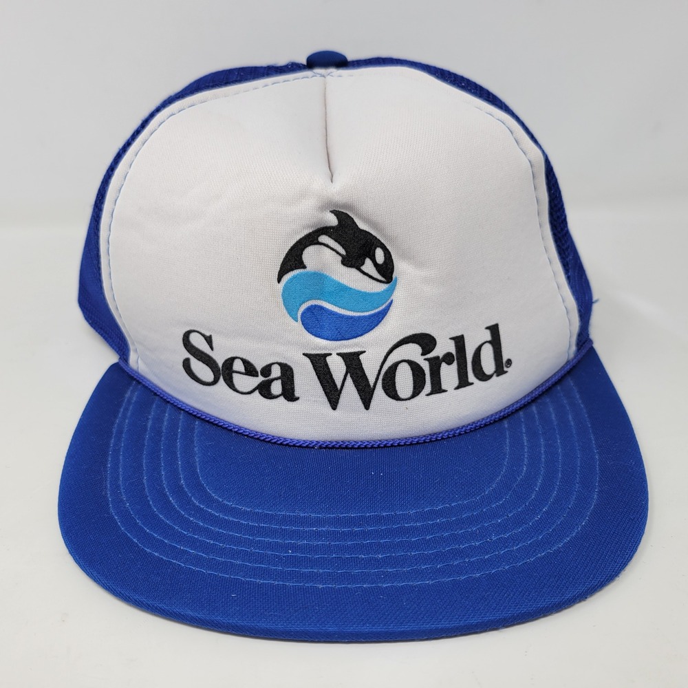 Vintage 1988 Sea World Shamu Orca Trucker Hat Snapback Blue White Mesh Cap